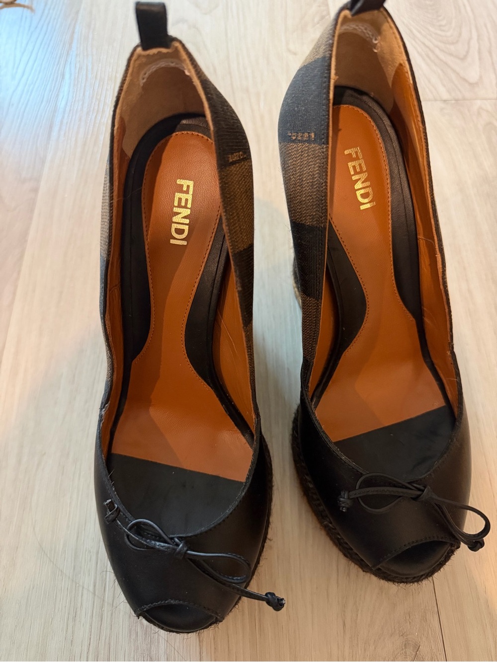 Fendi Black Leather Peep-Toe Platform Espadrille Wedges - Picture 4 of 6